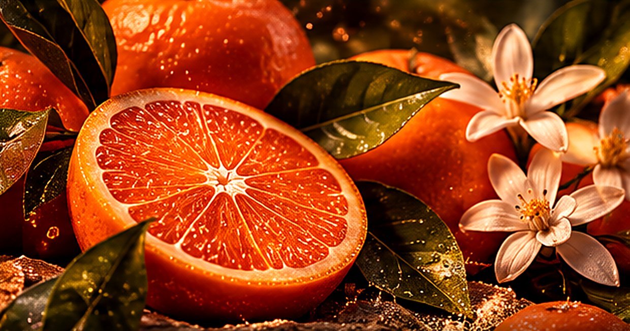 Halved oranges with blossom in warm light