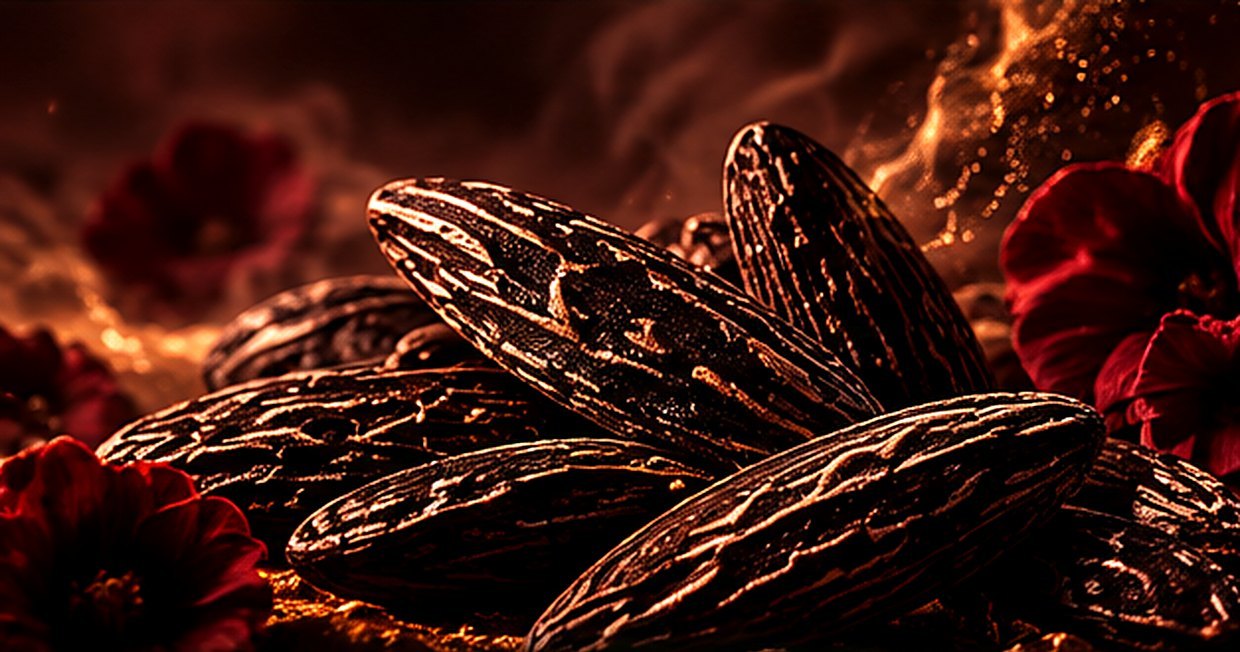 Dark tonka beans in warm shadow